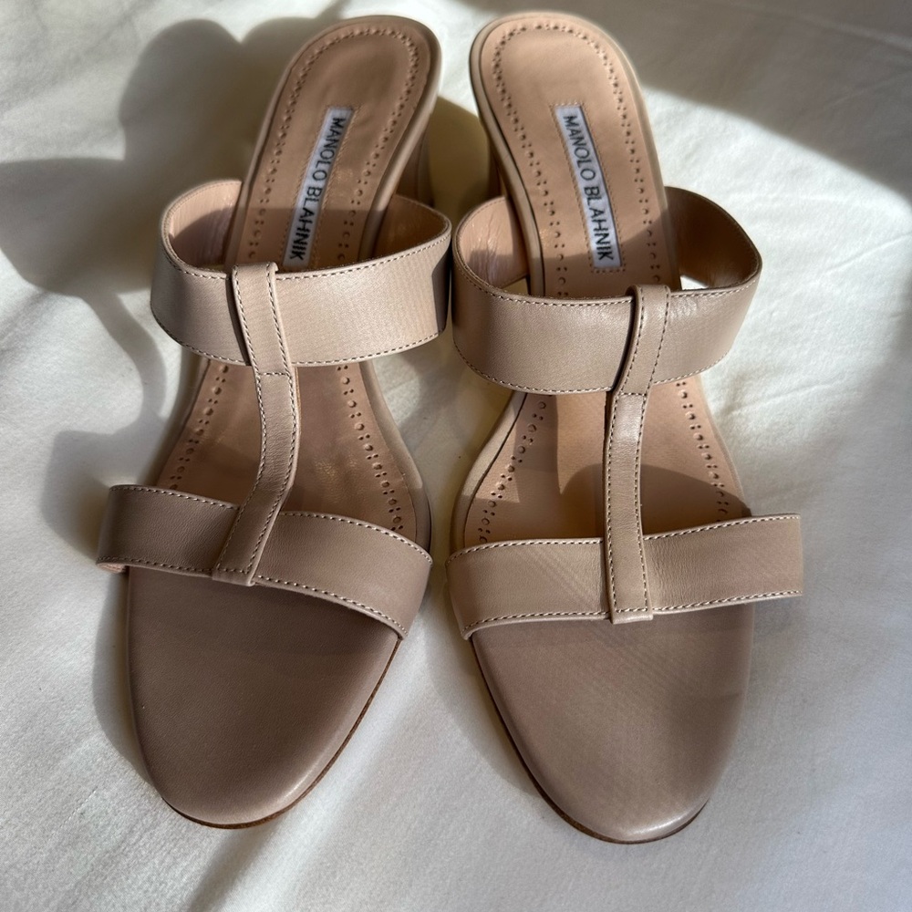 Manolo Blahnik Tan Heels with Squared Toe